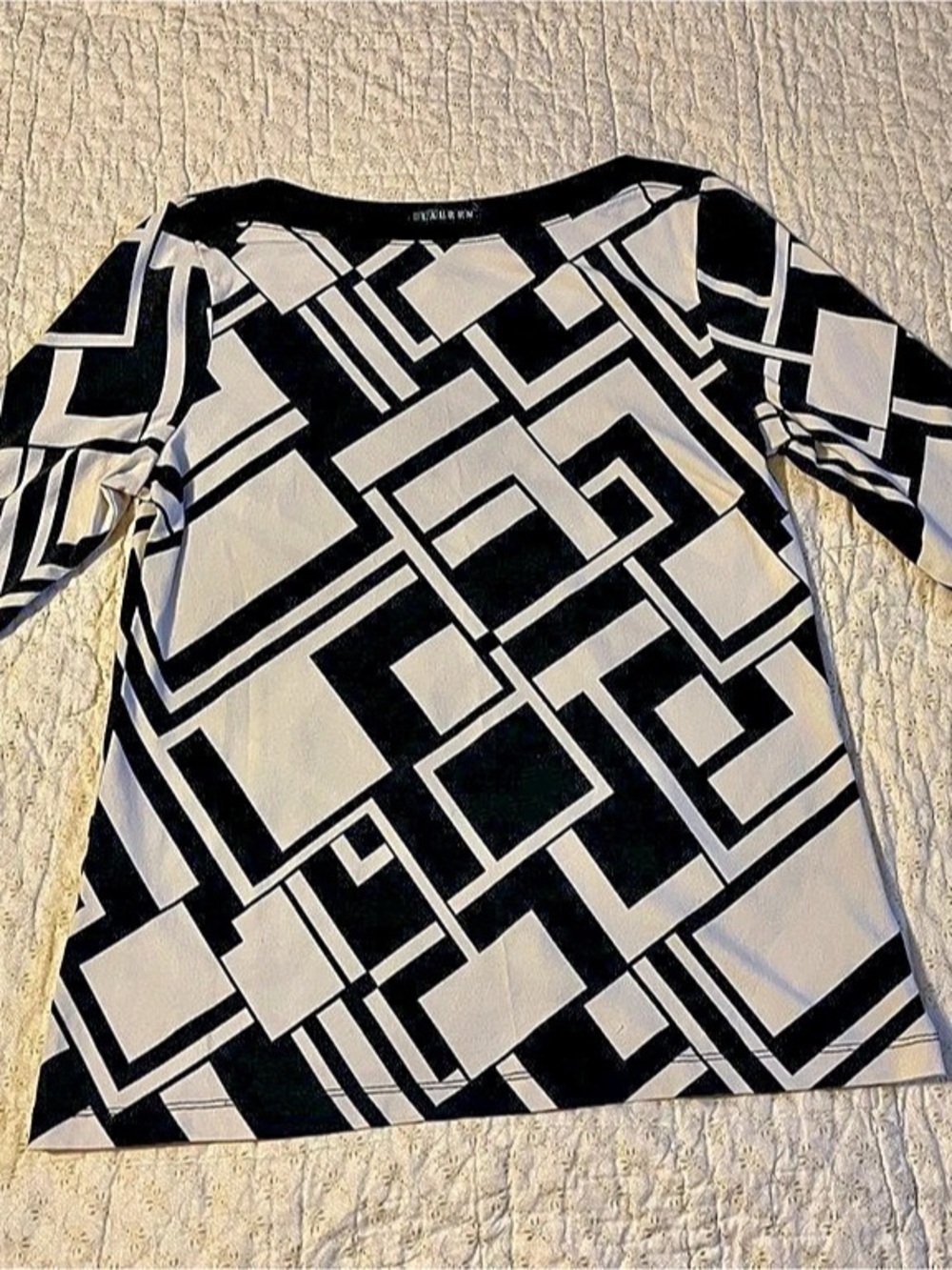 Lauren Ralph Lauren Geometric Long Sleeve Top in Black & White Size PL